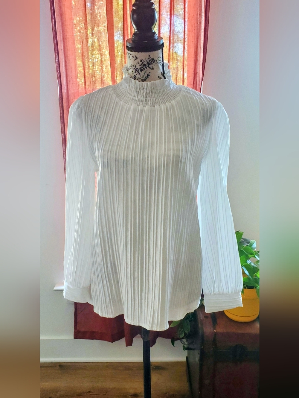 Women's White Pleated High-Neck Blouse